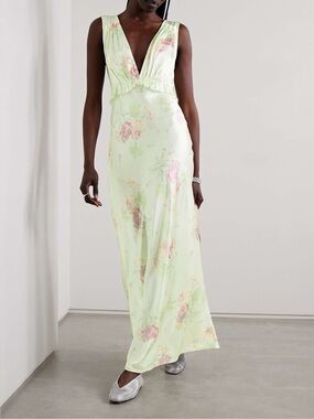 LOVESHACKFANCY Suniva ruffled floral-print silk-charmeuse maxi dress Size 6